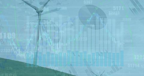 wind turbine overlaid with digital data representing global business growth, showcasing technological advancement in renewable energy. ideal for use in sustainability presentations, renewable technology articles, energy analytics reports, and future business strategies discussing the marriage of technology with clean energy solutions.