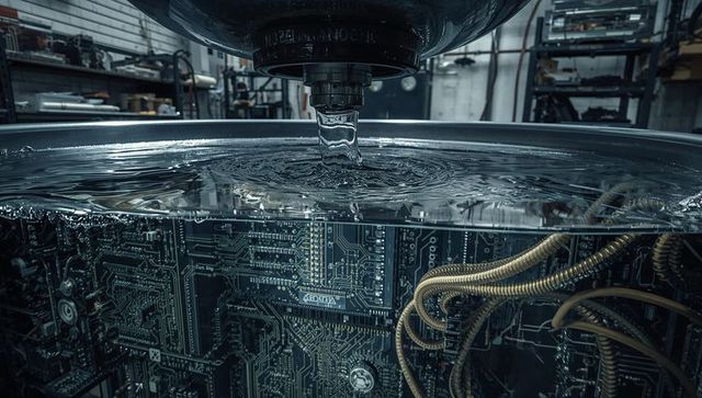 Pouring water over exposed circuit boards revealing braided cables and circuitry in industrial lab