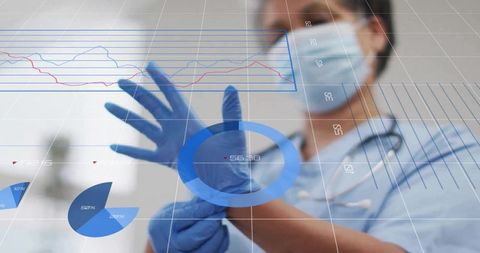 Nurse Donning Gloves with Futuristic Data Interface