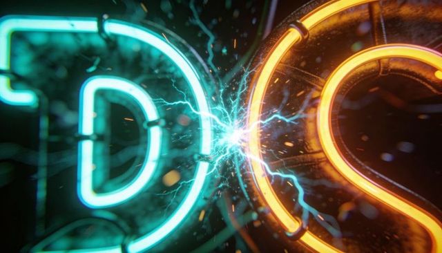 Neon d and s sparking electric arc between glass tubes futuristic signage glow