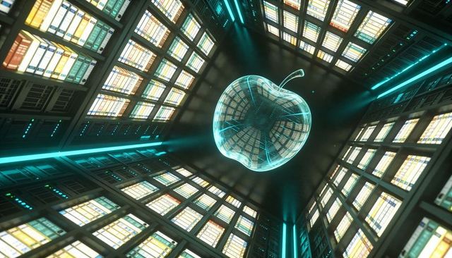 Holographic apple floating in futuristic data atrium with cyan glow and symmetry