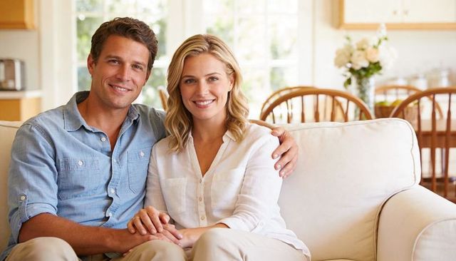 Smiling couple relaxing on light sofa at home, cozy neutral living room lifestyle, daylight