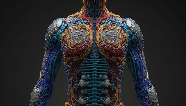Cybernetic Torso with Colorful Wiring and Teal Spine Showing High-Tech Robotic Anatomy