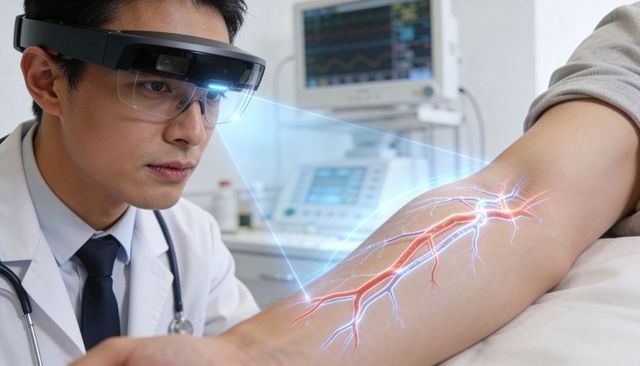 Doctor wearing ar headset projecting vascular hologram over patient forearm for diagnostics