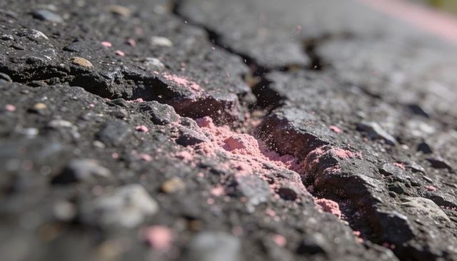 Cracked asphalt cavity holding pink chalk powder macro closeup texture