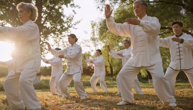 Senior asian group practicing tai chi in park at golden hour for health and balance