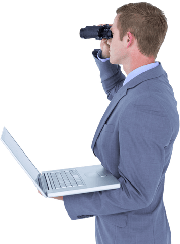 transparent businessman holding laptop and looking through binoculars - Download Free Stock Videos Pikwizard.com