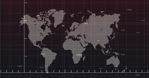 World Map on Grid Screen with Coordinates Digital Interface