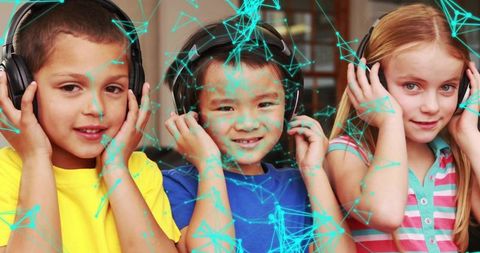 Children Enjoying Music with Headphones in Educational Setting
