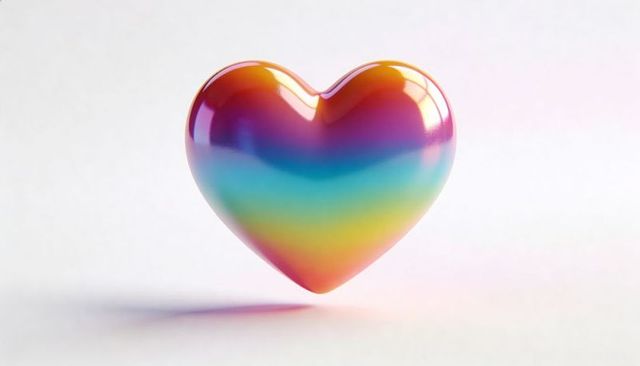 Floating shiny rainbow heart sculpture casting soft shadow glossy gradient reflective