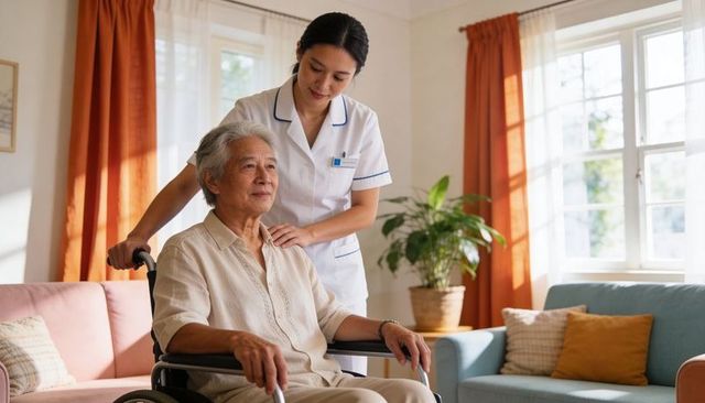 Nurse assisting senior man sitting in wheelchair in sunlit home living room