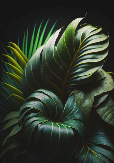 Close-Up of Exotic Tropical Green Leaves with Dramatic Lighting - Download Free Stock Images Pikwizard.com