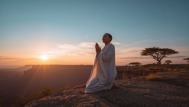 Woman Kneeling in White Robe Meditating at Sunrise on Cliff Overlooking Canyon