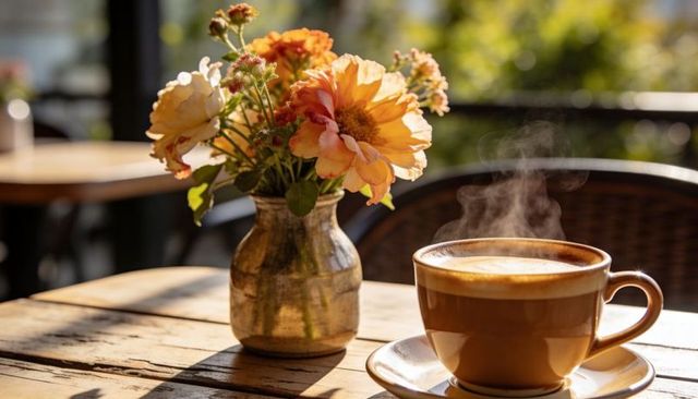 Steaming latte on rustic patio table with peach cream flowers in metal vase, sunlit cozy cafe