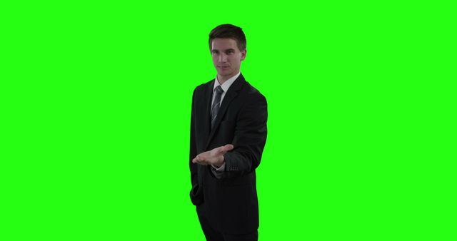 Businessman Gesturing with Open Hand Against Green Screen - Download Free Stock Images Pikwizard.com