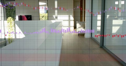 Modern hallway showcasing white low partition, glass reflections and financial data overlay