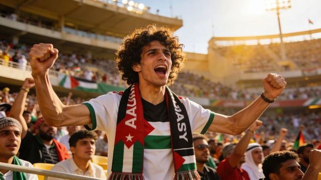 Young male fan cheering and waving fists in packed stadium wearing national scarf