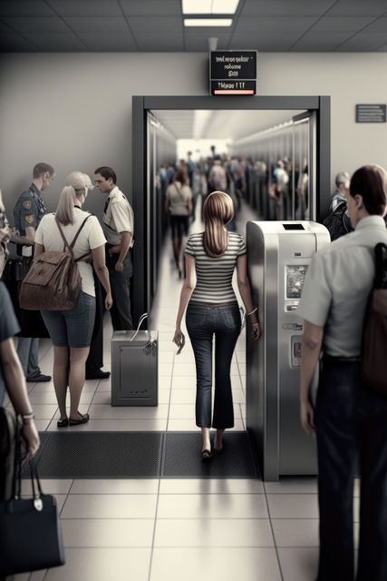 Image of a woman walking through an airport security checkpoint. Suited for depicting modern travel concerns, airport security processes, or transportation scenarios. Useful for travel industry promotions, security procedure examples, or editorial content on airport experiences.