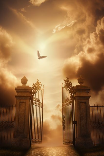 Ornate gates open to a glowing sky with sunset and dramatic clouds. Birds soar in the golden light, creating a serene and divine atmosphere. Ideal for religious, spiritual, and inspirational themes, or illustrating concepts of heaven, peace, and transcendence.