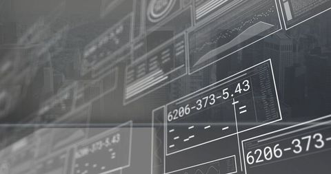 Futuristic Digital Data Panels Overlaying Urban Skyline