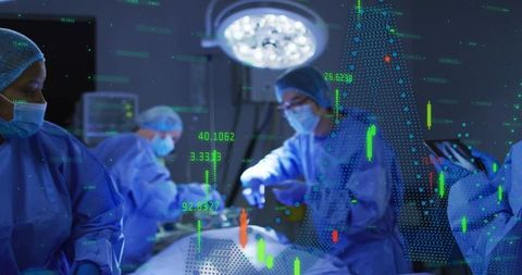 Surgical team performing operation with holographic data overlays and real-time analytics