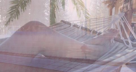 Serene Retreat: Woman Lounging in Hammock Over Pool Deck