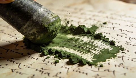 Grinding emerald pigment across aged manuscript with metal pestle, closeup macro art
