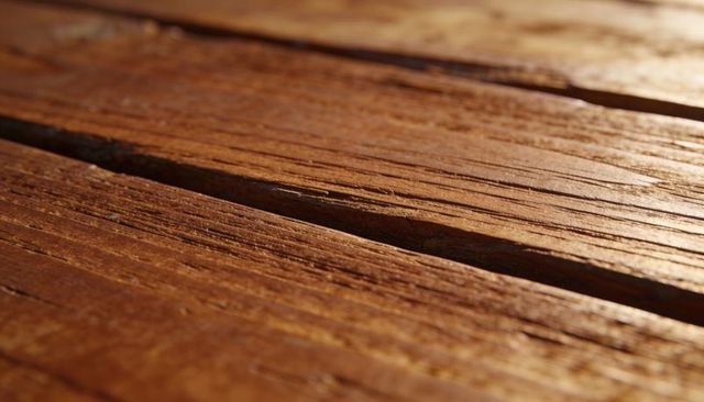 Sunlit weathered wooden decking showing close-up planks, grain detail and varnish sheen