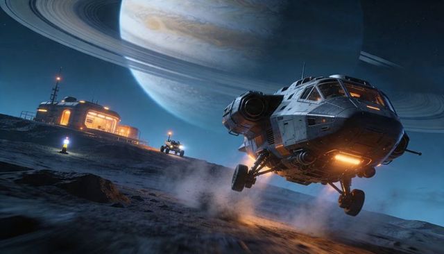 Hovering transport craft descending toward desolate ringed-moon outpost under gas giant