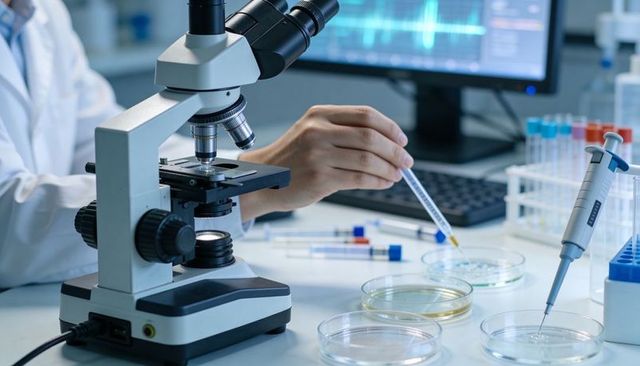 Close-up Microscope with Technician Pipetting Petri Dishes Conducting Laboratory Research