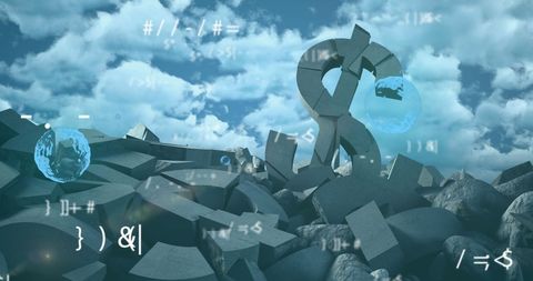 Surreal landscape with mathematical symbols and abstract elements