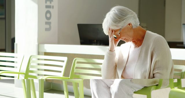 Senior woman with white hair sitting in green chairs of a waiting area, looking worried with hand on forehead. Ideal for topics related to elderly care, healthcare waiting rooms, stress, anxiety, retirement, medical issues, isolation. Use for articles on healthcare systems, elderly patient care, mental health in seniors.