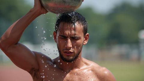 Shirtless male athlete cooling down by pouring water over head on outdoor running track