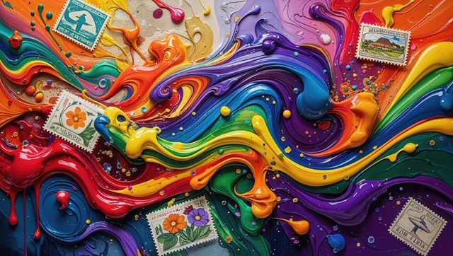 Vibrant swirling acrylic paint and postage stamps art piece