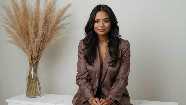 Elegant woman in brown satin suit with pampas grass