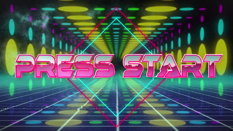 Neon Press Start Text with Retro Futuristic Background