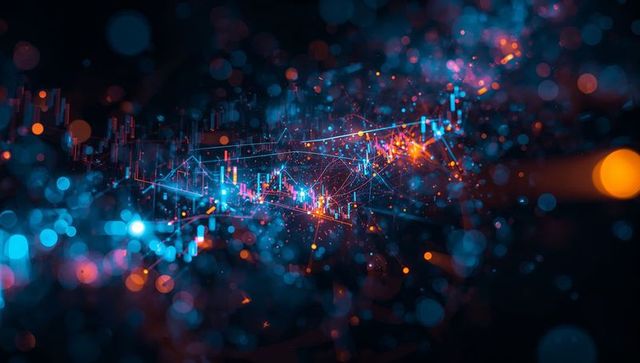 Futuristic Digital Network with Candlestick Data Visualizations