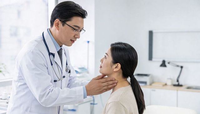 Doctor examining female patient throat during routine clinic checkup, compassionate care