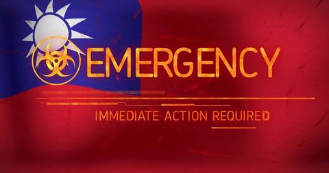 Emergency warning alert with biohazard symbol on red background