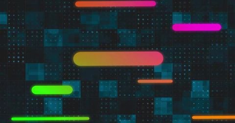 Neon gradient data stream hovering over teal grid ui with glowing rounded bars