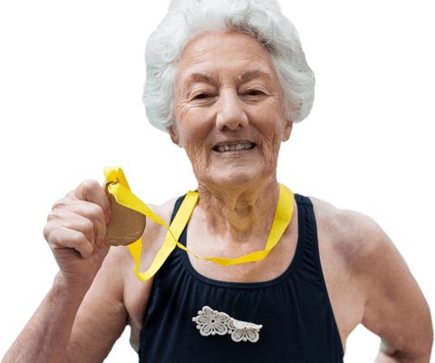 Confident Senior Swimmer Displaying Gold Medal in Transparent Background