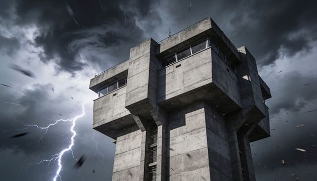 Brutalist concrete tower looming under lightning storm, dramatic low-angle architectural scene