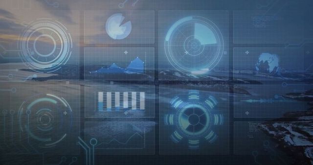 Futuristic Data Visualization Overlay on Coastal Horizon