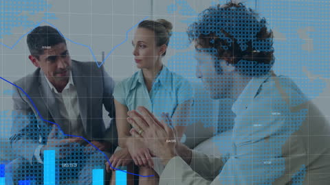 Business Team Analyzing Global Market Data with Digital Overlay