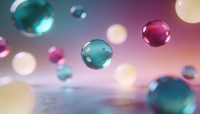 Floating pastel glass spheres with teal central orb and soft bokeh gradient