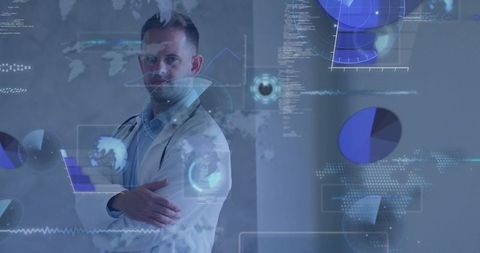 Male Doctor Interacting with Holographic Display in Modern Office