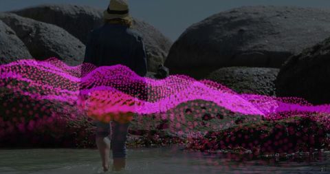 Woman Exploring Tidepool in Denim with Digital Magenta Overlay