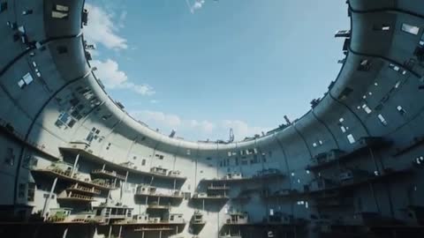 Tilting camera revealing multi-level cylindrical atrium under skylight with rooftop crane