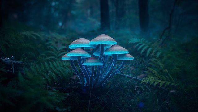 Bioluminescent mushrooms emitting mystical blue glow in night forest