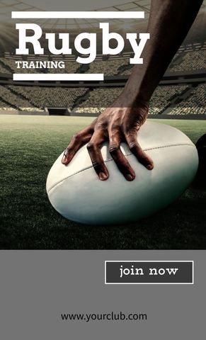 Rugby training promotion with dramatic ball grip in stadium